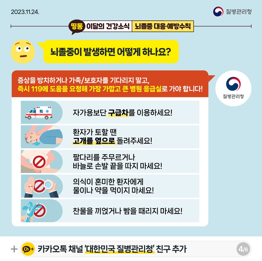 Q. 뇌졸중이 발생하면 어떻게 하나요? A. 증상을 방치하거나 가족/보호자를 기다리지 말고, 즉시 119에 도움을 요청해 가장 가깝고 큰 병원 응급실로 가야 합니다! 자가용보단 구급차를 이용하세요! 환자가 토할 땐 고개를 옆으로 돌려주세요! 팔다리를 주무르거나 바늘로 손발 끝을 따지 마세요! 의식이 혼미한 환자에게 물이나 약을 먹이지 마세요! 찬물을 끼얹거나 빰을 때리지 마세요!